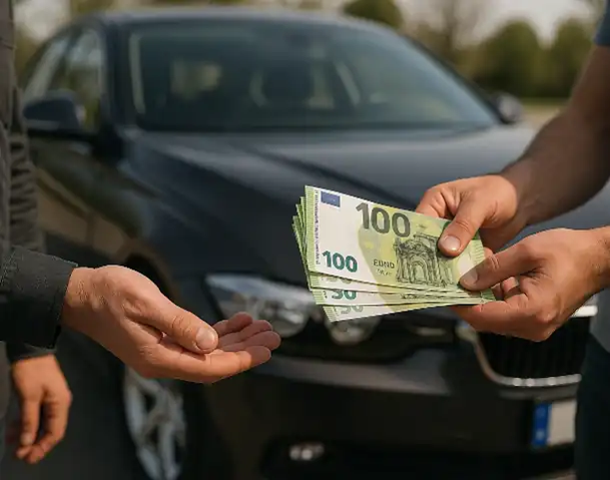 Ein glücklicher Verkäufer erhält eine Bargeldzahlung beim Autoankauf in Ettlingen.